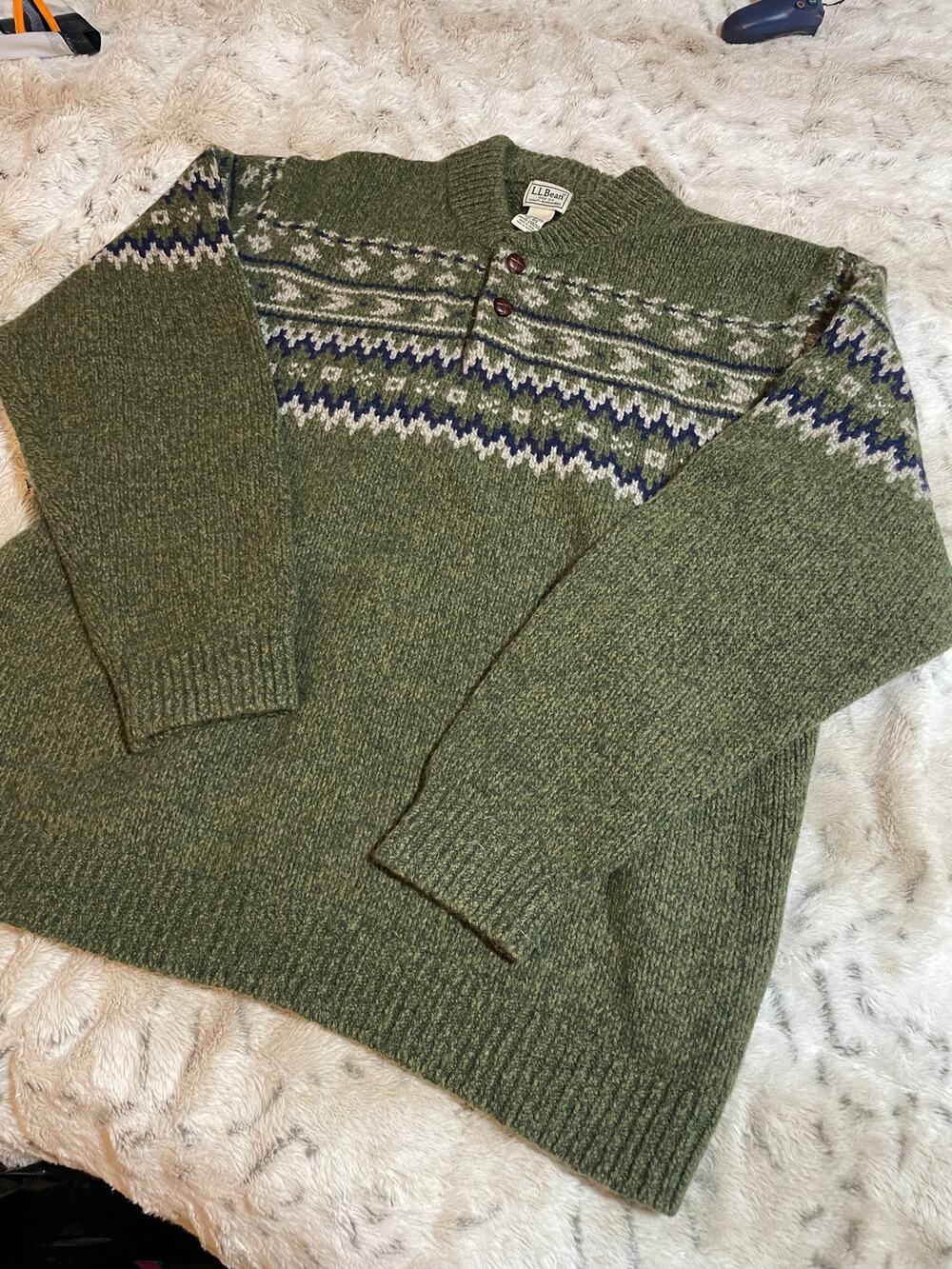 L.L Bean green fair isle lambs wool grandpa core sweater XXL